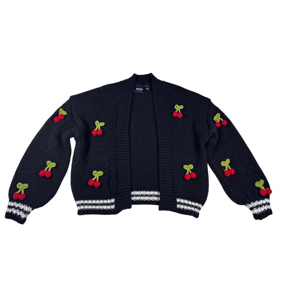 Maeve Anthropologie Cherry Cardigan One Size Black Chunky Knit Pom Pom Sweater
